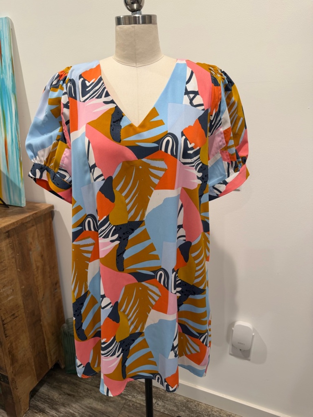JODIFL Multicolor Abstract V-Neck Mini Dress - Blue, Pink, Mustard, Navy
